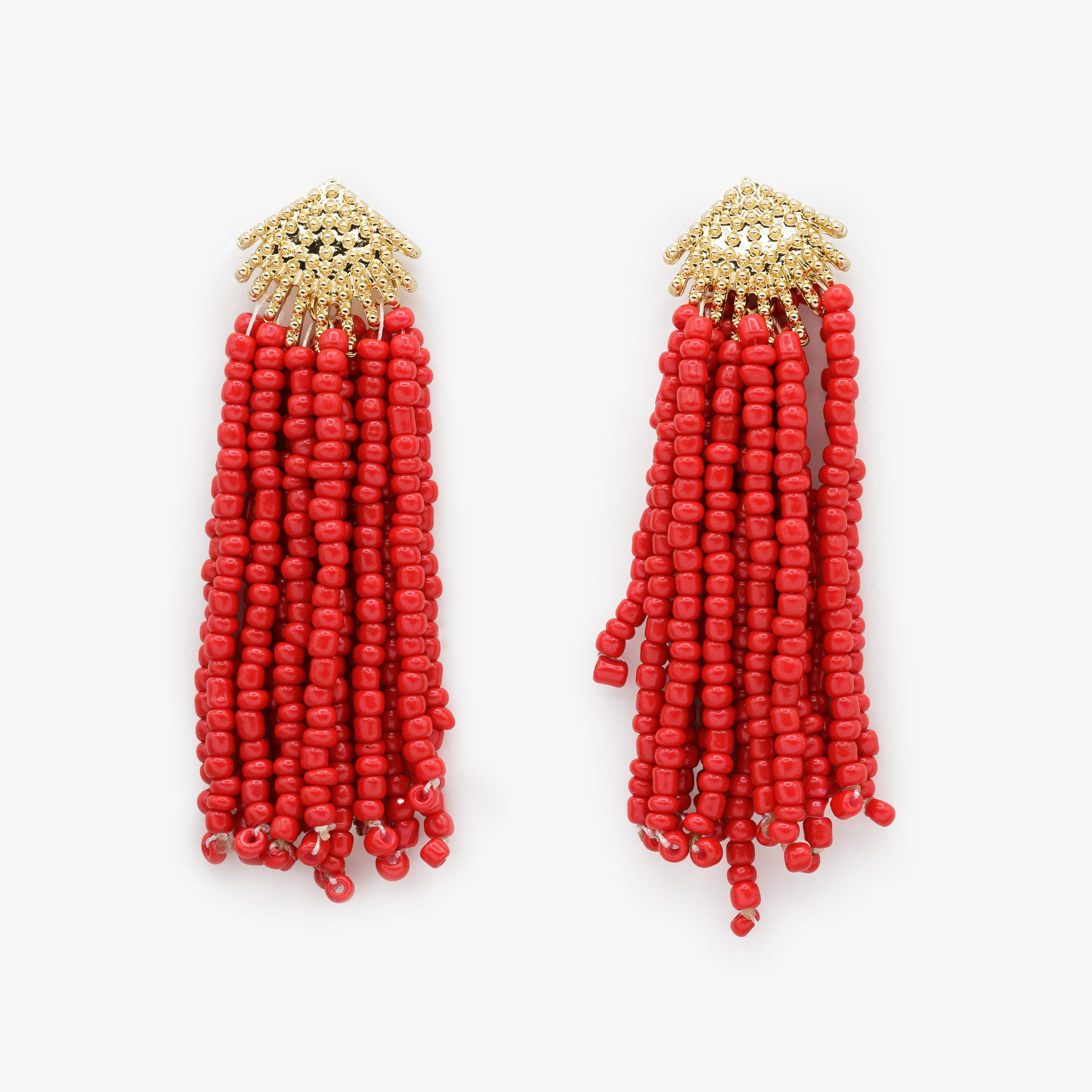 Boucles d'oreilles dorées avec chute de billes rouges