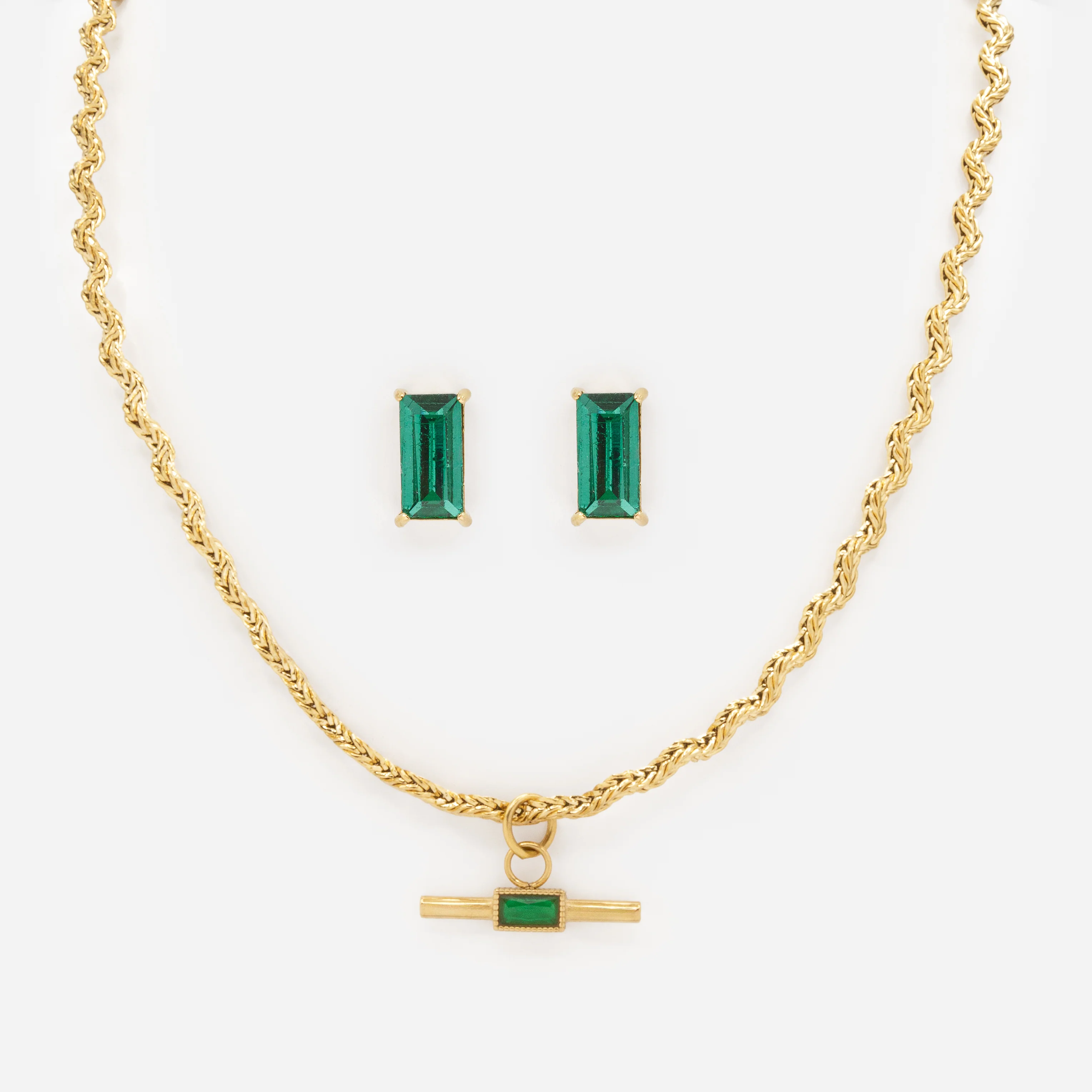 Ensemble collier et boucles d'oreilles dorés avec pierres émeraude en acier inoxydable